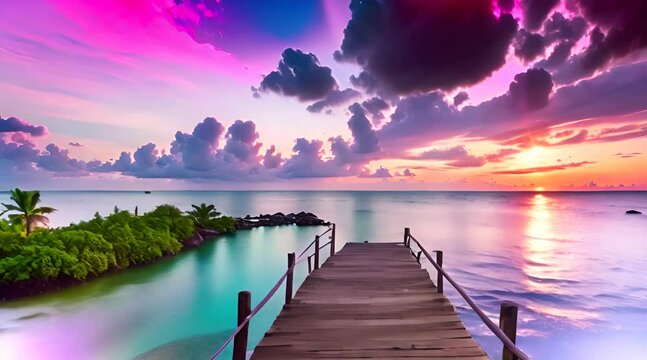 Time-Lapse of Romantic Passion on Tomia Island, Wakatobi National Park, Indonesia, Revealing a Tropical Beach and Sea at Sunset with a Colorful Dramatic Sky