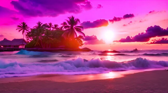 Captivating Time-Lapse of Romantic Passion on Tomia Island, Wakatobi National Park, Indonesia, with a Tropical Beach, Sea, and Colorful Dramatic Sky at Sunset