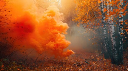 Bright orange smoke moves over an autumn forest, minimalist contrast with fall colors.