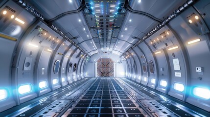 Fototapeta premium A cargo airplane's interior filled with advanced cargo management systems, digital displays, and efficient storage solutions, highlighting technological advancements
