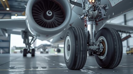 Fototapeta premium A close-up of a cargo plane's landing gear and high-tech sensors, showcasing the engineering marvels in modern aviation technology