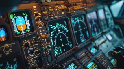 Fototapeta premium A view of a cargo plane's digital cockpit from the outside, with transparent displays and advanced avionics, representing cutting-edge aviation technology
