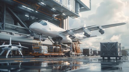 Naklejka premium A futuristic cargo plane being loaded with goods using drones and robotic systems, showcasing the integration of AI and automation in logistics