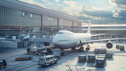An advanced cargo aircraft parked at a high-tech air cargo terminal, with automated sorting and loading systems in action, emphasizing efficiency and innovation