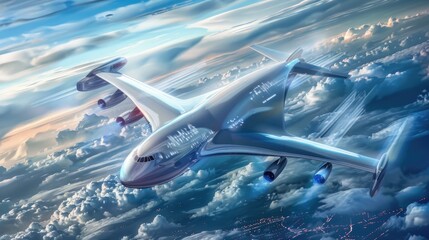 A futuristic cargo plane taking off with advanced flight control systems and digital navigation, representing the future of air freight