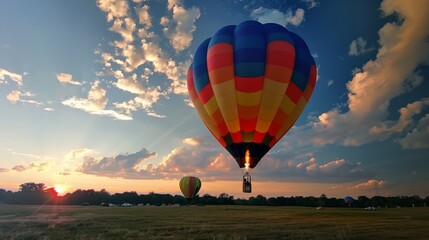 Two hot air balloons are flying in the sky over a field