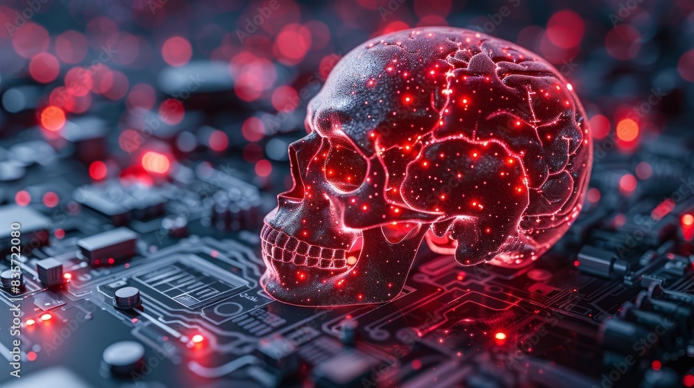 Poster futuristic skull glowing with red leds on a motherboard, symbolizing artificial intelligence and dig