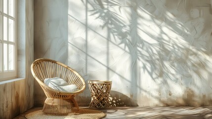 Fototapeta premium Cozy Sunlit Corner with Rattan Chair and Soft Pillow featuring Elegant Shadow Play