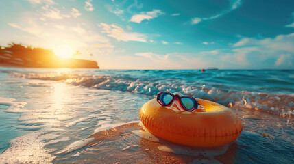 Obraz premium Sunny Beach Evening with Orange Float and Sunglasses on Waves
