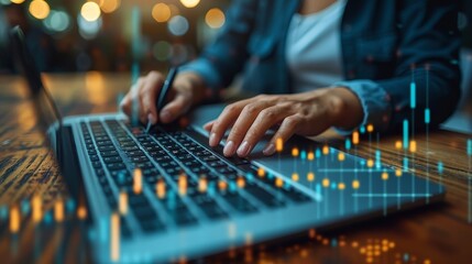Close-up of hands typing on a laptop keyboard with abstract financial data graphs overlay, representing financial technology and stock market analysis.