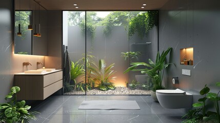 Modern Luxurious Bathroom with Indoor Plants and Minimalist Design