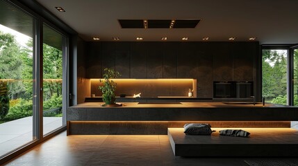 Modern Luxurious Kitchen with Ambient Lighting and Outdoor View in Contemporary Home