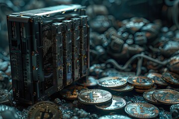 High-Tech Cryptocurrency Mining Rig with Bitcoin Coins