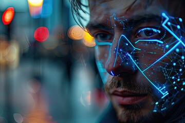 Futuristic Cyborg Man with Digital Face Overlay in Urban Environment