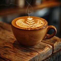 The cup should be filled with freshly brewed coffee, featuring intricate latte art on the surface, such as a leaf or heart design. 