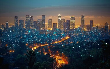 Fototapeta premium Evening city skyline illuminated, showcasing a bustling urban landscape with interconnected digital nodes and vibrant city lights.