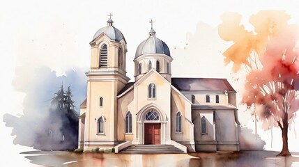 watercolor painting of old church 