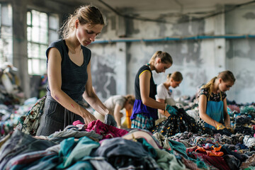 Workers sorting textile waste for recycling, promoting sustainable fashion and environmental responsibility.