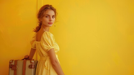 Fototapeta premium Woman in Yellow Dress with Vintage Suitcase Against Yellow Background