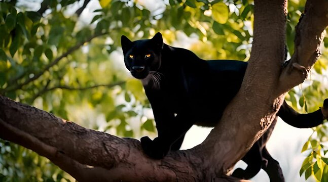 A Captivating Sight of a Black Panther Prowling for Prey from the Heights of a Tree