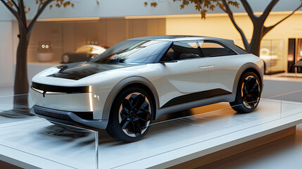 Sleek Modern Electric SUV on Display in Futuristic Showroom**