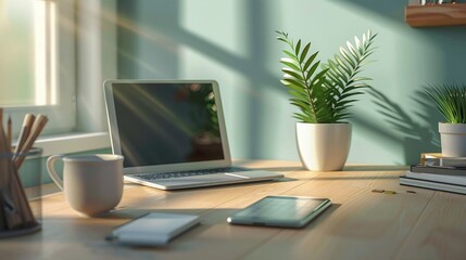 Fototapeta premium Generate a realistic photo of a modern office desk with a tablet, a stylus, and a stack of documents