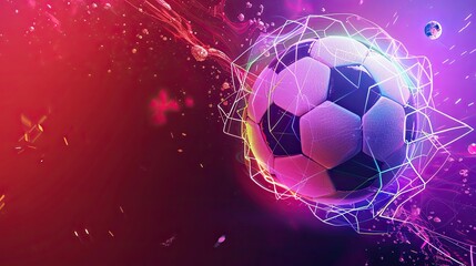 Fototapeta premium dynamic soccer ball mid-kick with neon elements and a gradient background from red to purple