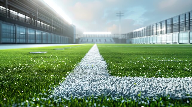 futuristic football field with artificial turf that adjusts its temperature based on weather conditions