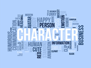 Character word cloud template. Illustration avatar concept vector tagcloud background.