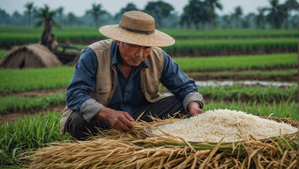 Naklejka na ściany i meble Asian farmer working in the rice fields and collects rice. Rice harvest.