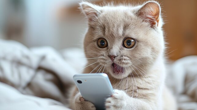 Very surprised cat looks at a smartphone and reads the latest news, promotions, discounts and sales
