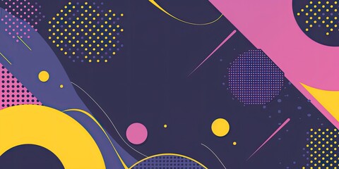 Midnight Blue and Charcoal Gray background with shapes and lines, yellow circles and dots, blue curves and arrows, pink gradients, flat design style, simple vector
