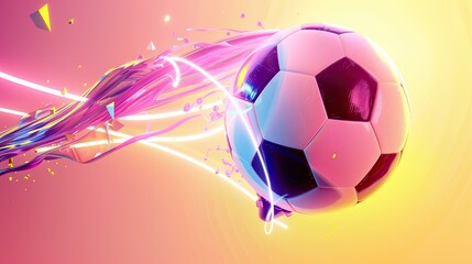 Soccer ball being kicked with fluid neon streaks and polygonal shapes, set against a gradient background of pink and yellow