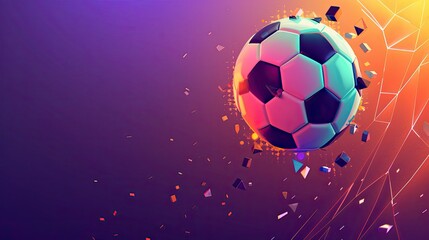 Fototapeta premium Soccer ball in a high jump with neon polygonal elements floating around, over a gradient background of purple and orange