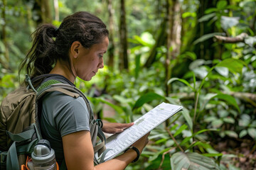 Researcher studying biodiversity in equatorial rainforest canopy, surrounded by lush vegetation and wildlife.