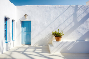 Naklejka premium Dayllght greece courtyard with shadow on white wall. Beautiful Mediterranean style background