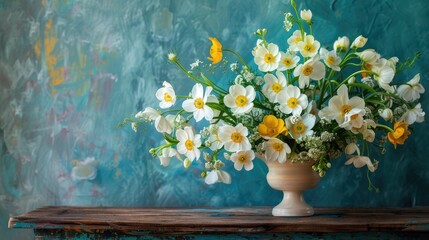 Spring flowers in white and yellow arranged in a vase on a wooden table against a blue backdrop