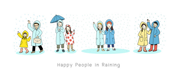 Fototapeta premium Characters under the rain set. Happy People in rainy day, hand drawn style vector illustration