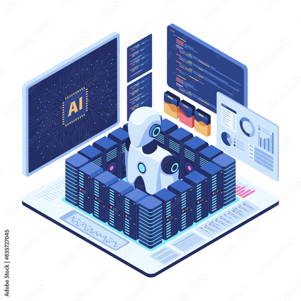 Poster isometric ai robot in server room with data analytics