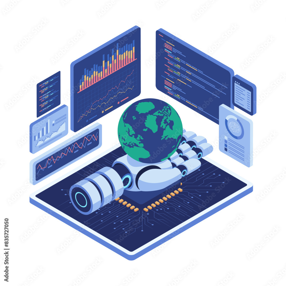 Poster isometric ai robot holding world with global data analytics
