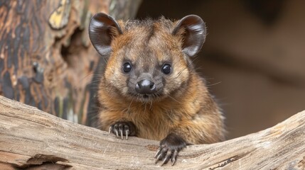 Naklejka premium A tight shot of a tiny animal on a tree branch against a backdrop of wooden tree trunk and trunk in the foreground, featuring a small animal in the close proximity