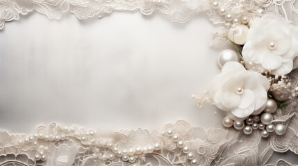 An elegant frame adorned with pearls and lace, adding a touch of sophistication to the photo, with a blank center space for text