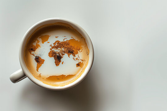  cup of coffee, white background, light tones, minimalism, mobile phone wallpaper style, high resolution, super realistic photography. The cup is filled with black or white hot tea and milk cream map