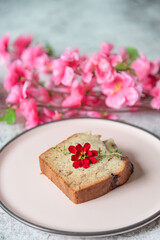 Closed up sliced banana cake as homemade recipe for dessert menu