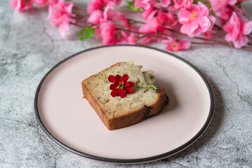 Closed up sliced banana cake as homemade recipe for dessert menu