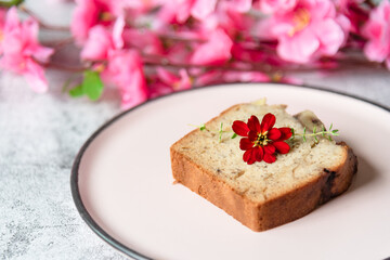 Closed up sliced banana cake as homemade recipe for dessert menu