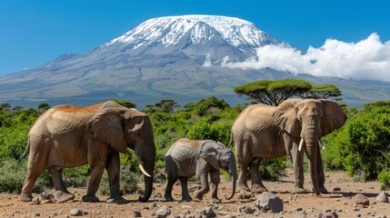 Fototapeta premium Two adult elephants and a baby elephant traverse before a mountain, its peak adorned with snow Trees and shrubs populate the foreground
