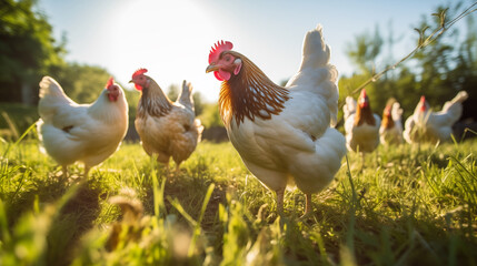 Fototapeta premium Free-range chickens pecking around a grassy area, Photo shot, Natural light day.