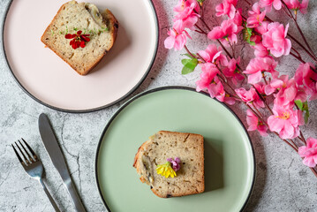 Traditional homemade bakery, top view banana bread on plates as dessert for cafe