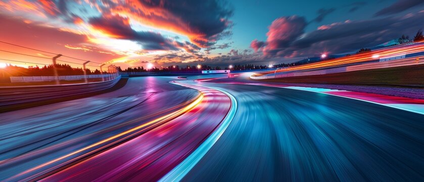 Racing track at dusk with motion blur and vibrant lights, showcasing the thrill of the race
